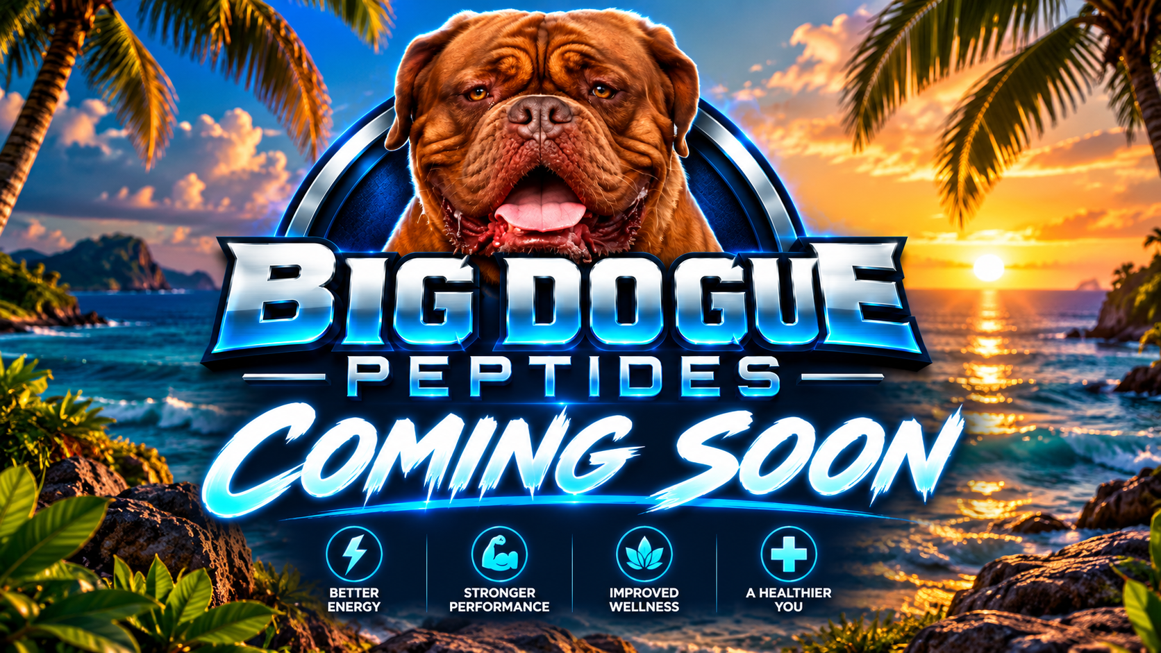 Big Dogue Peptides coming-soon banner with a Dogue de Bordeaux and a tropical sunset.